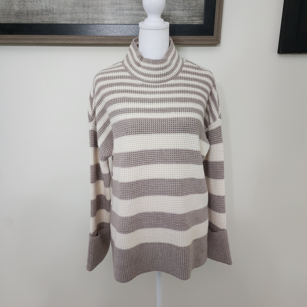 NorthStyle Striped Mock Neck Foldover Sleeve Sweater Sm Oversized Cabincore Cozy